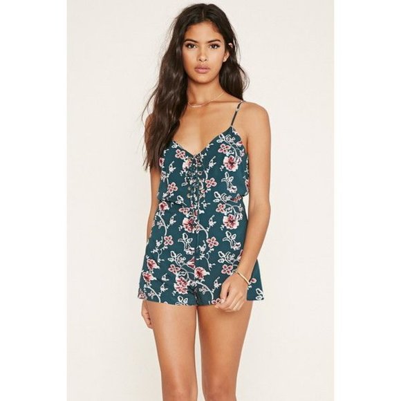 Forever 21 Green Lace-Up Floral Cami Open Back Romper Size S - Picture 1 of 14